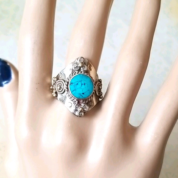 Southwestern Boho Tribal Turquoise Hand Crafted Adjustable Band Ring - Picture 13 of 16
